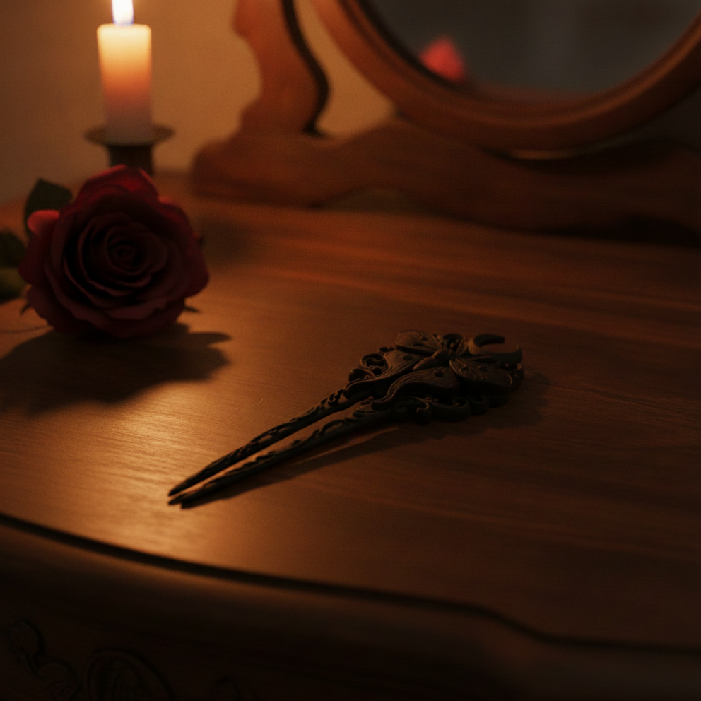Schwarze Gothic-Haarnadel mit Mottenschmetterling und Mondsichel, liegend auf einer Frisierkommode neben Kerze und roter Rose
