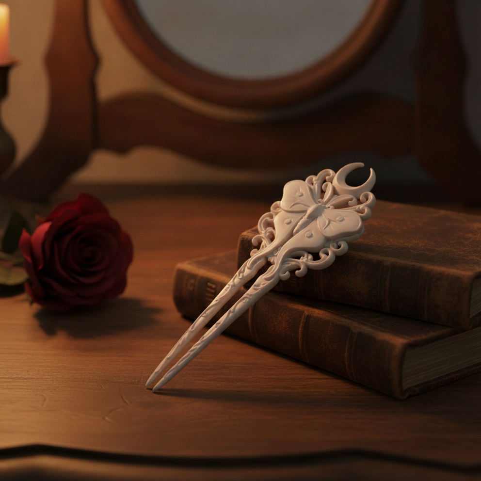 Weiße Gothic-Haarnadel mit Mottenschmetterling und Mondsichel, angelehnt an einen Bücherstapel