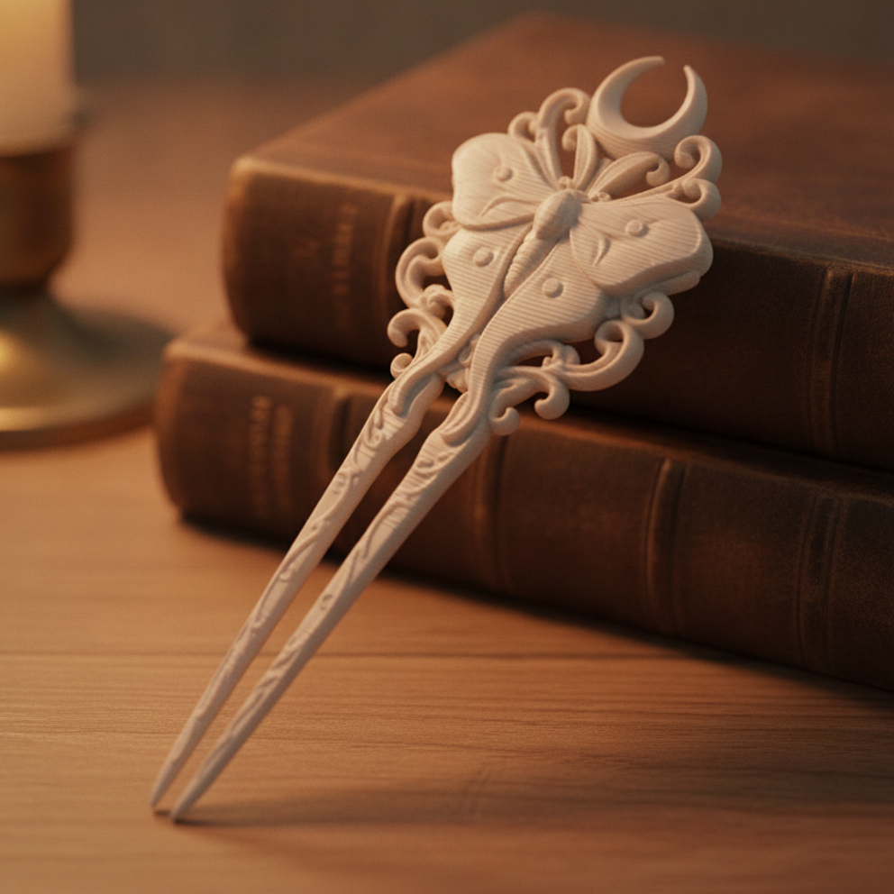 Makro-Detailaufnahme des filigranen Mottenschmetterling-Ornaments der weißen Gothic-Haarnadel auf einem Buchdeckel