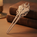 Makro-Detailaufnahme des filigranen Mottenschmetterling-Ornaments der weißen Gothic-Haarnadel auf einem Buchdeckel