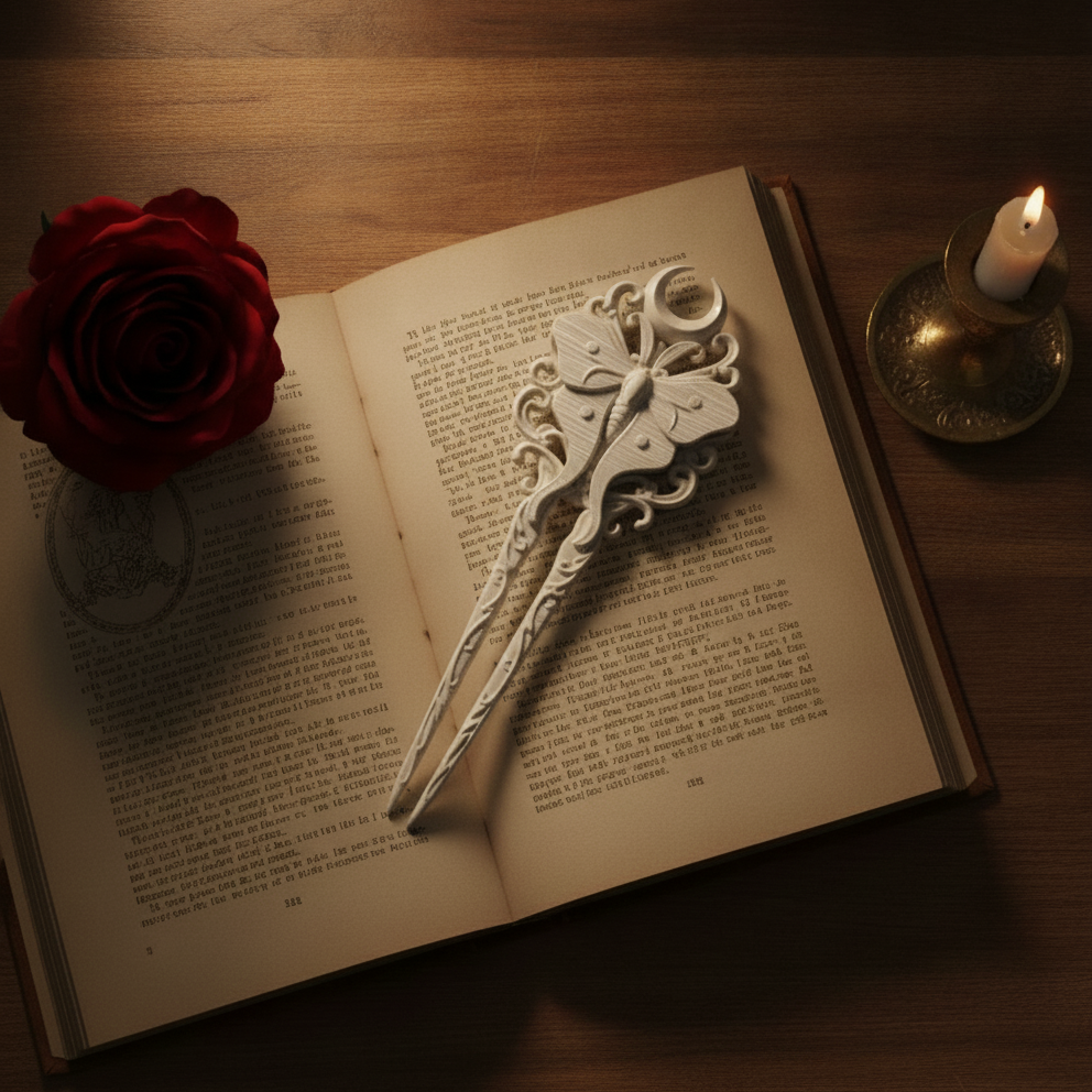 Weiße Gothic-Haarnadel im Flatlay auf einem aufgeschlagenen Buch