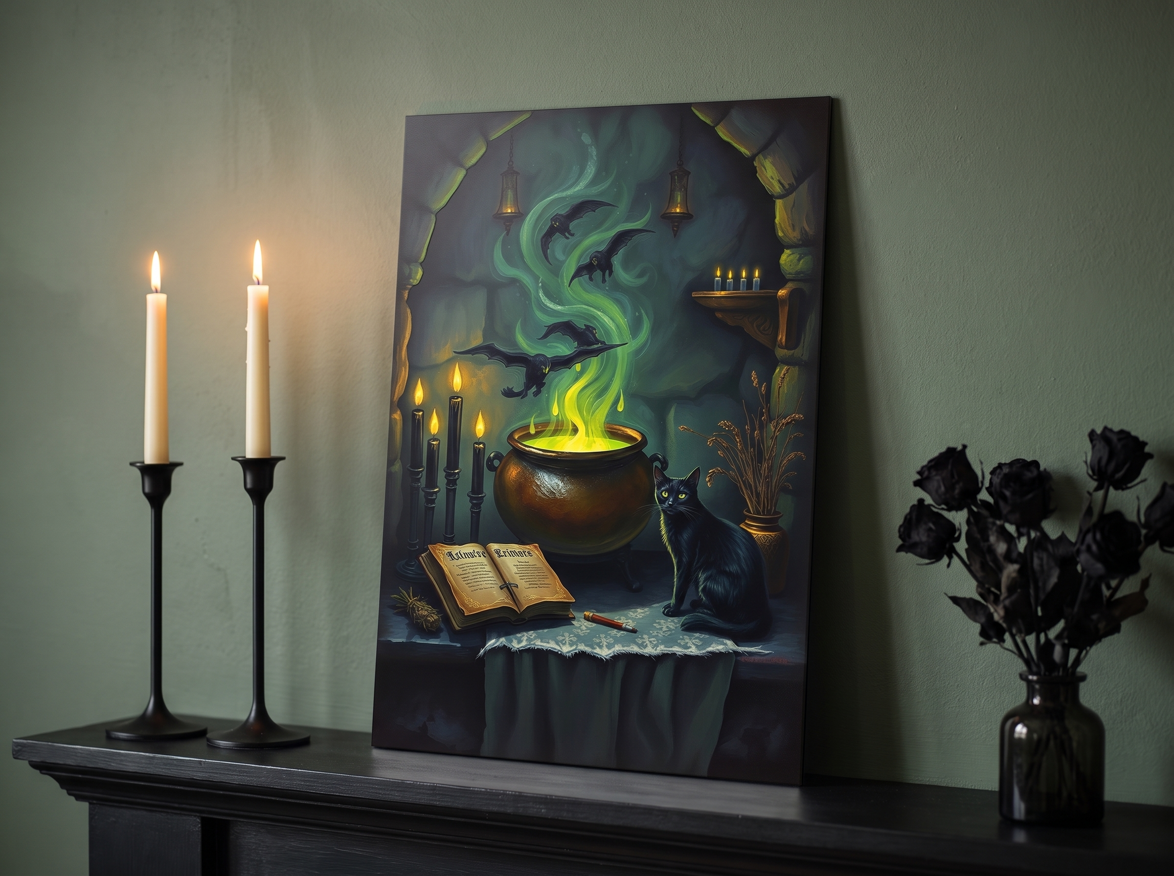 Echtes Produktfoto des Designs 4 – Hexenaltar mit schwarzer Katze als Acrylglas-Wandbild an der Wand, UV-Druck mit Relief-Textur