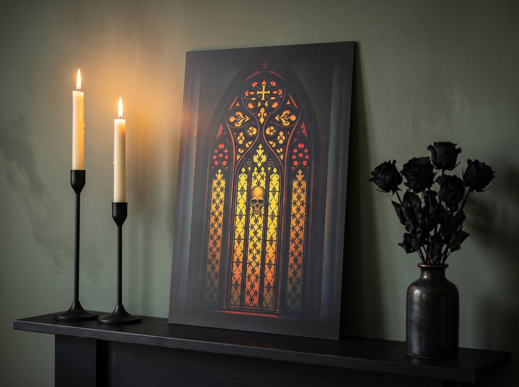 Echtes Produktfoto des Designs 6 – Kathedralenfenster mit Totenkopf als Acrylglas-Wandbild an der Wand, UV-Druck mit Relief-Textur
