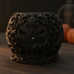 Nahaufnahme des ornamentalen Kürbisgesichts mit filigranem Rankenrelief und Jack-o-Lantern-Schnitzerei