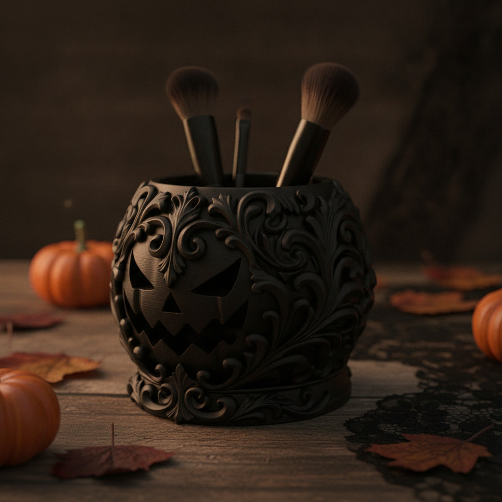 Gothic-Kürbis-Organizer als Pinselhalter mit Make-up-Pinseln bestückt, Halloween-Deko im Hintergrund