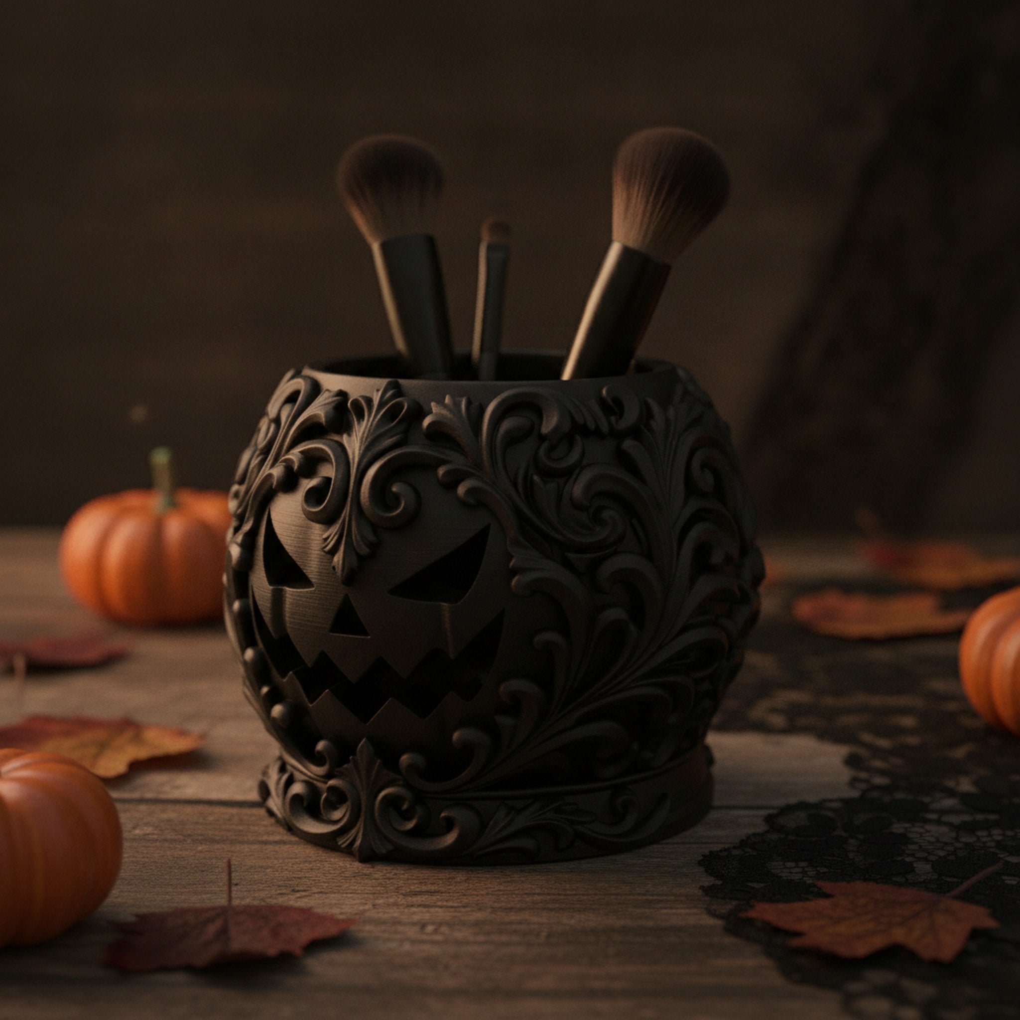 Gothic-Kürbis-Organizer als Pinselhalter mit Make-up-Pinseln bestückt, Halloween-Deko im Hintergrund