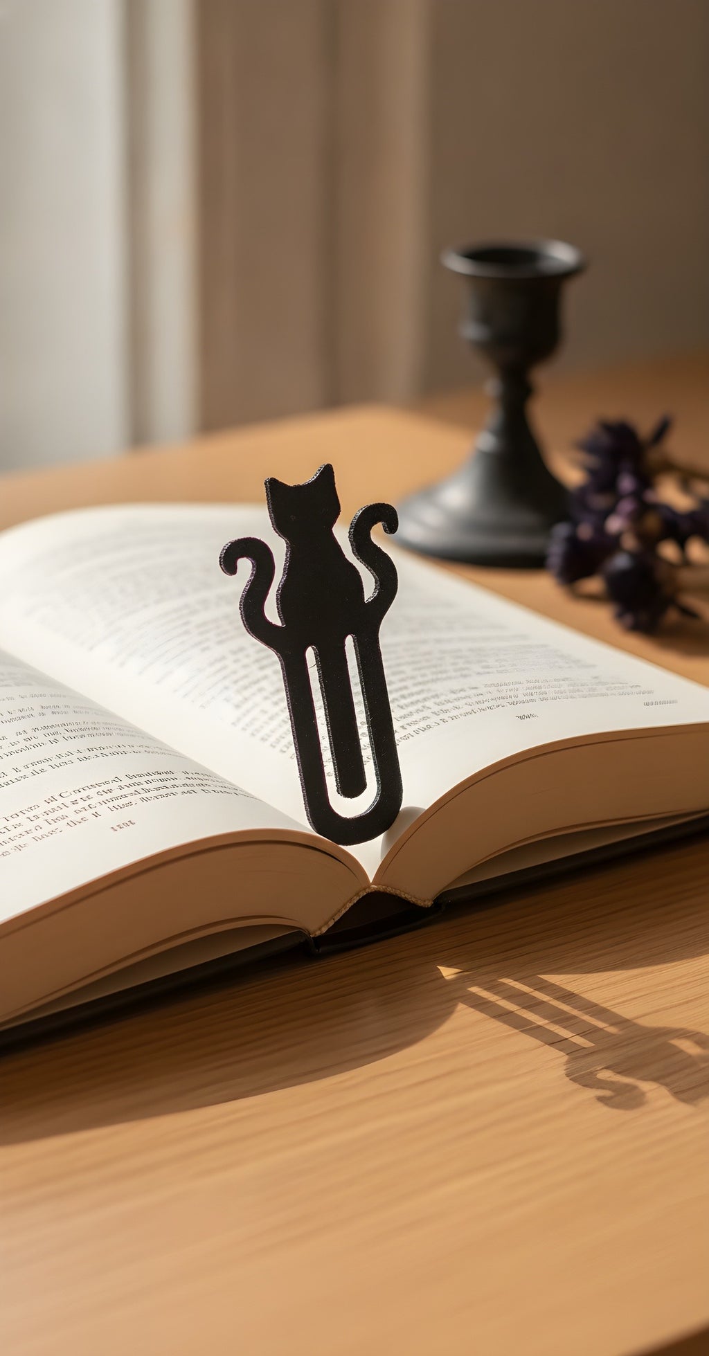Mattschwarzes Katzen-Lesezeichen mit vollständiger Katzen-Silhouette und geschwungenem Schweif auf einem aufgeschlagenen Buch, Holztisch mit Kerzenständer und getrockneten Blüten im Hintergrund