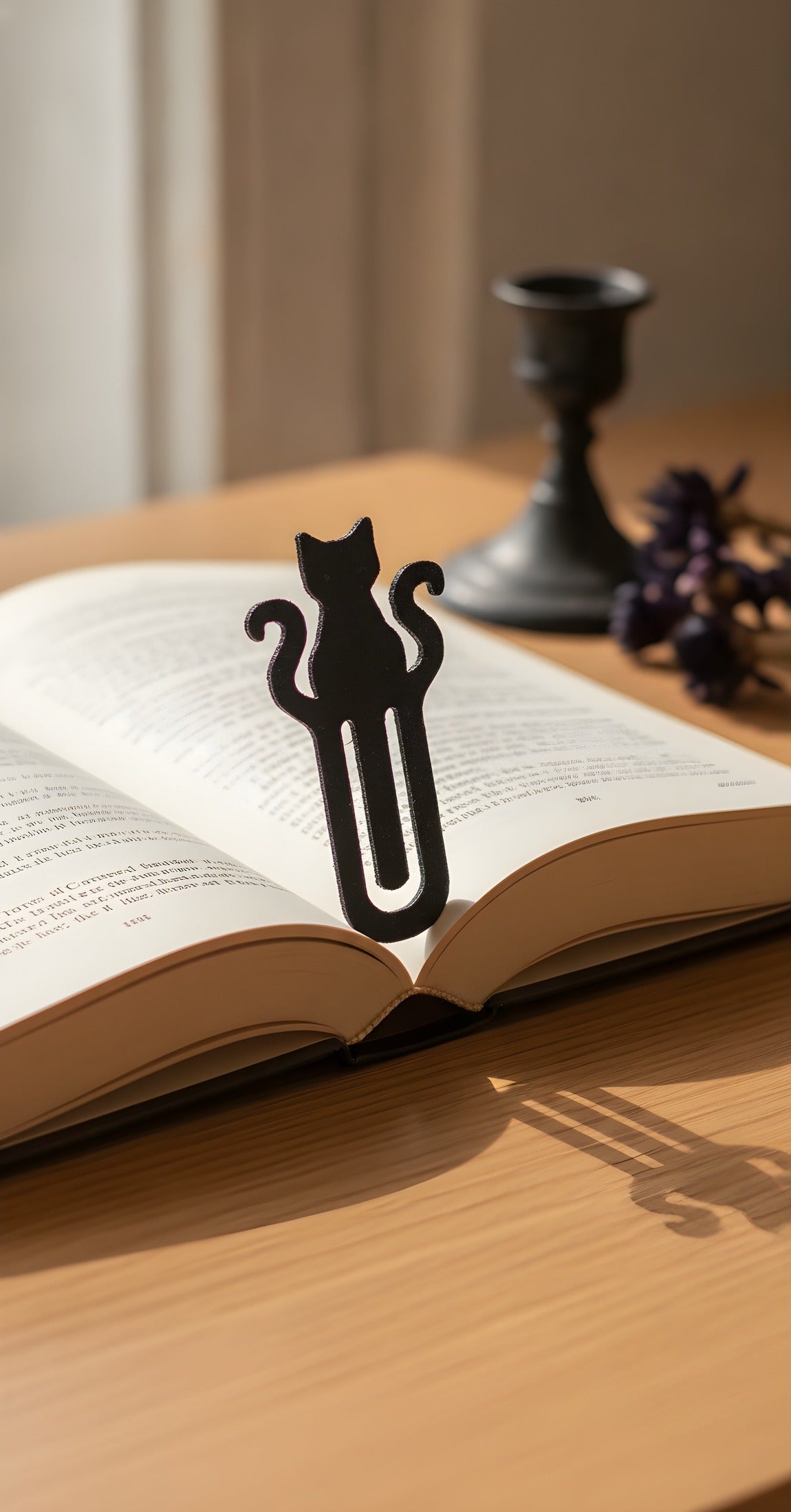 Mattschwarzes Katzen-Lesezeichen mit vollständiger Katzen-Silhouette und geschwungenem Schweif auf einem aufgeschlagenen Buch, Holztisch mit Kerzenständer und getrockneten Blüten im Hintergrund
