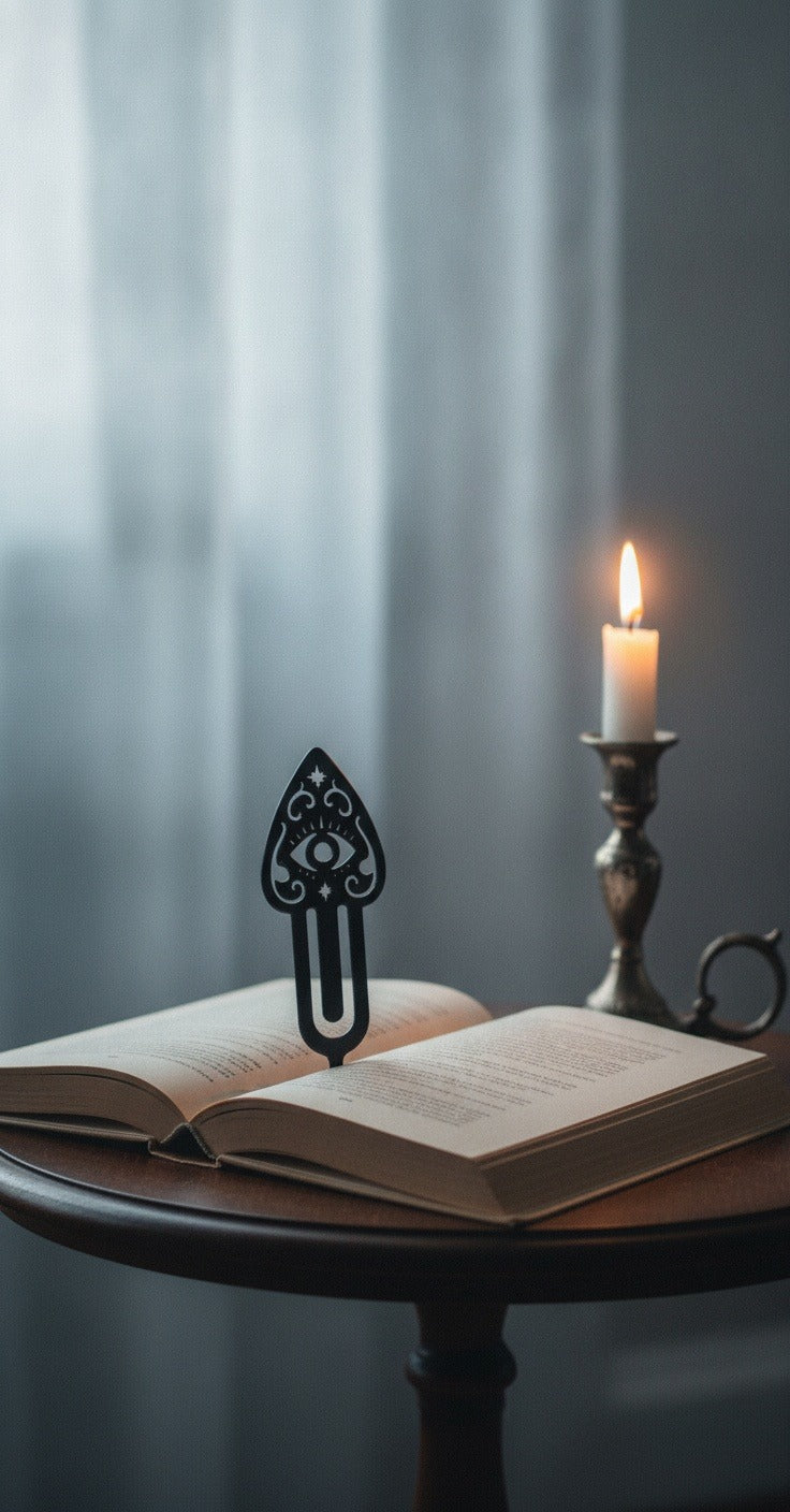 Schwarzes Amulett-Auge-Lesezeichen an der Oberkante eines aufgeschlagenen Buches auf einem runden Beistelltisch geklemmt, daneben eine brennende Kerze in einem verzierten Kerzenhalter