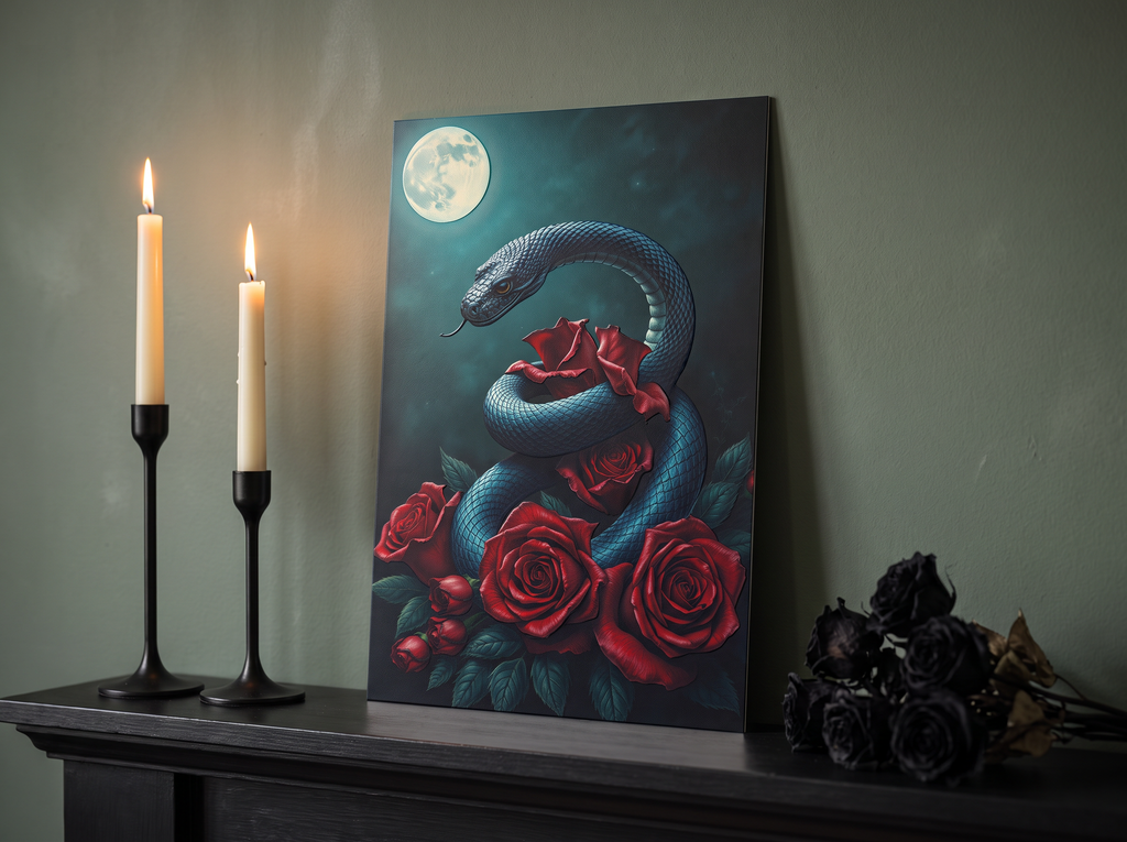 Echtes Produktfoto des Designs 5 – Schlange mit roten Rosen als Acrylglas-Wandbild an der Wand, UV-Druck mit Relief-Textur