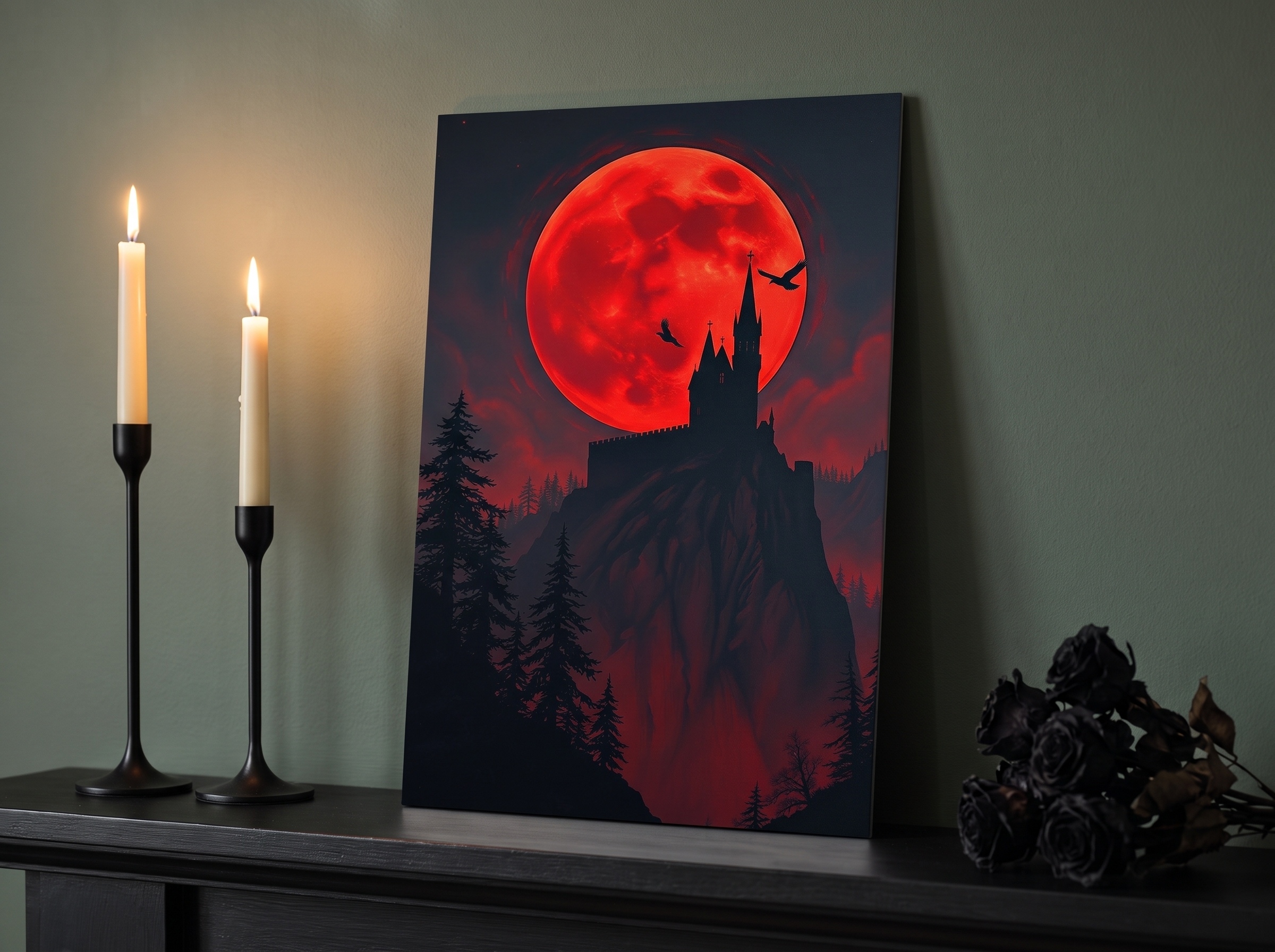 Echtes Produktfoto des Designs 1 – Gothic-Schloss im Blutmond als Acrylglas-Wandbild an der Wand, UV-Druck mit Relief-Textur