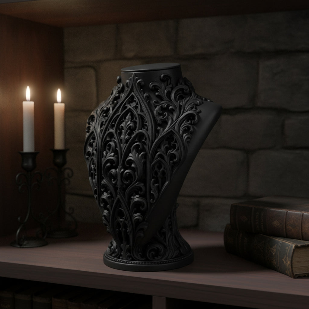 Gothic-Schmuckbüste in 3/4-Ansicht vor einem Bücherregal, dekoriert mit Kerzen