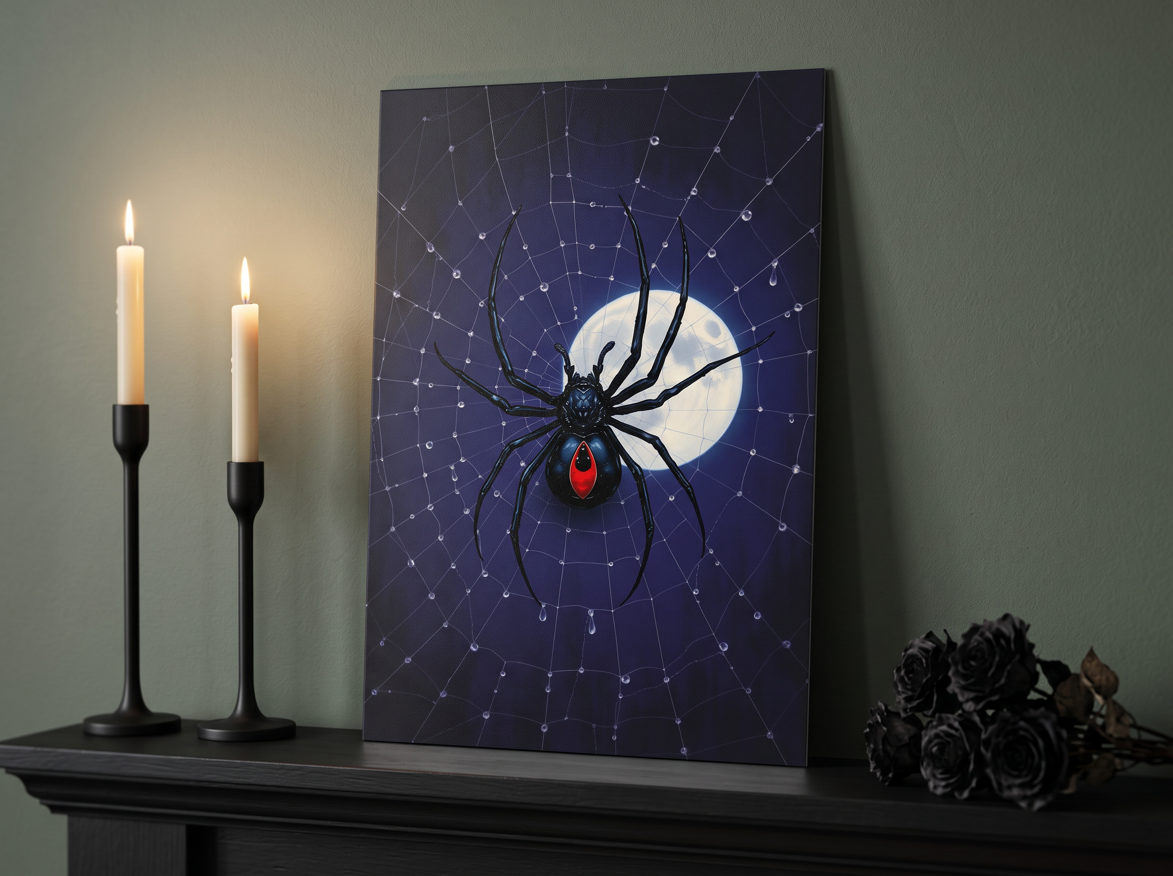 Echtes Produktfoto des Designs 3 – Schwarze Witwe im Spinnennetz als Acrylglas-Wandbild an der Wand, UV-Druck mit Relief-Textur