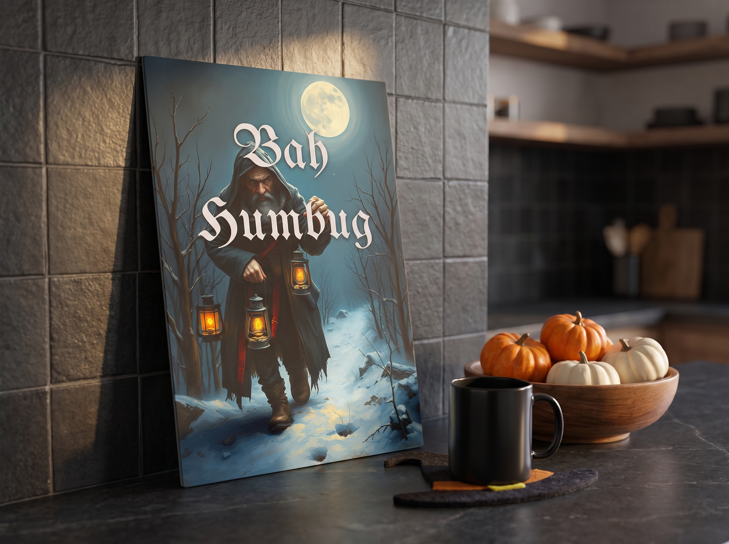 Echtes Produktfoto des Designs 5 – „Bah Humbug“ als Acrylglas-Wandbild an der Wand, UV-Druck mit Relief-Textur