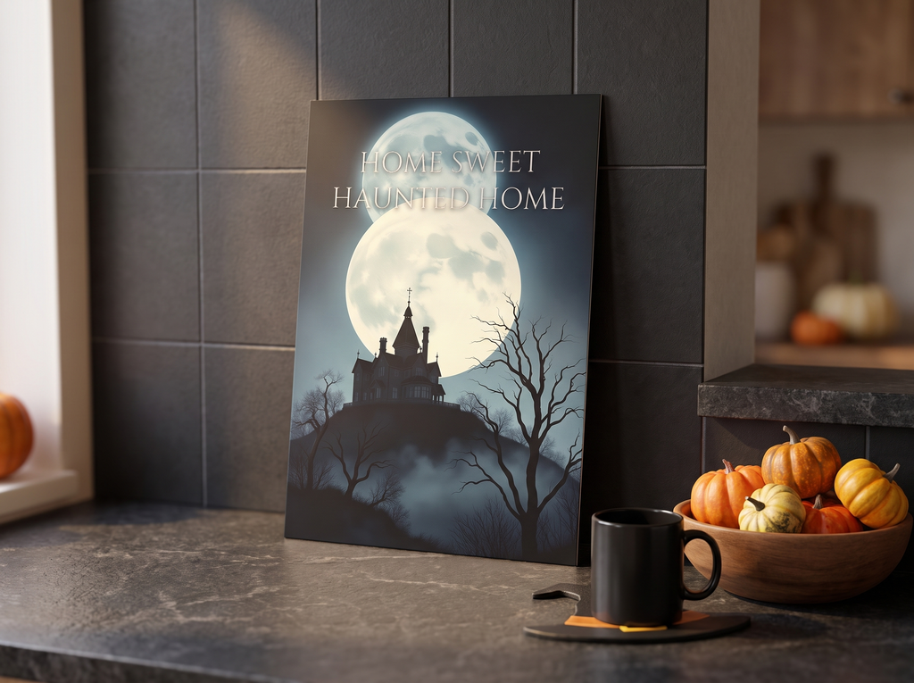 Echtes Produktfoto des Designs 2 – „Home Sweet Haunted Home“ als Acrylglas-Wandbild an der Wand, UV-Druck mit Relief-Textur