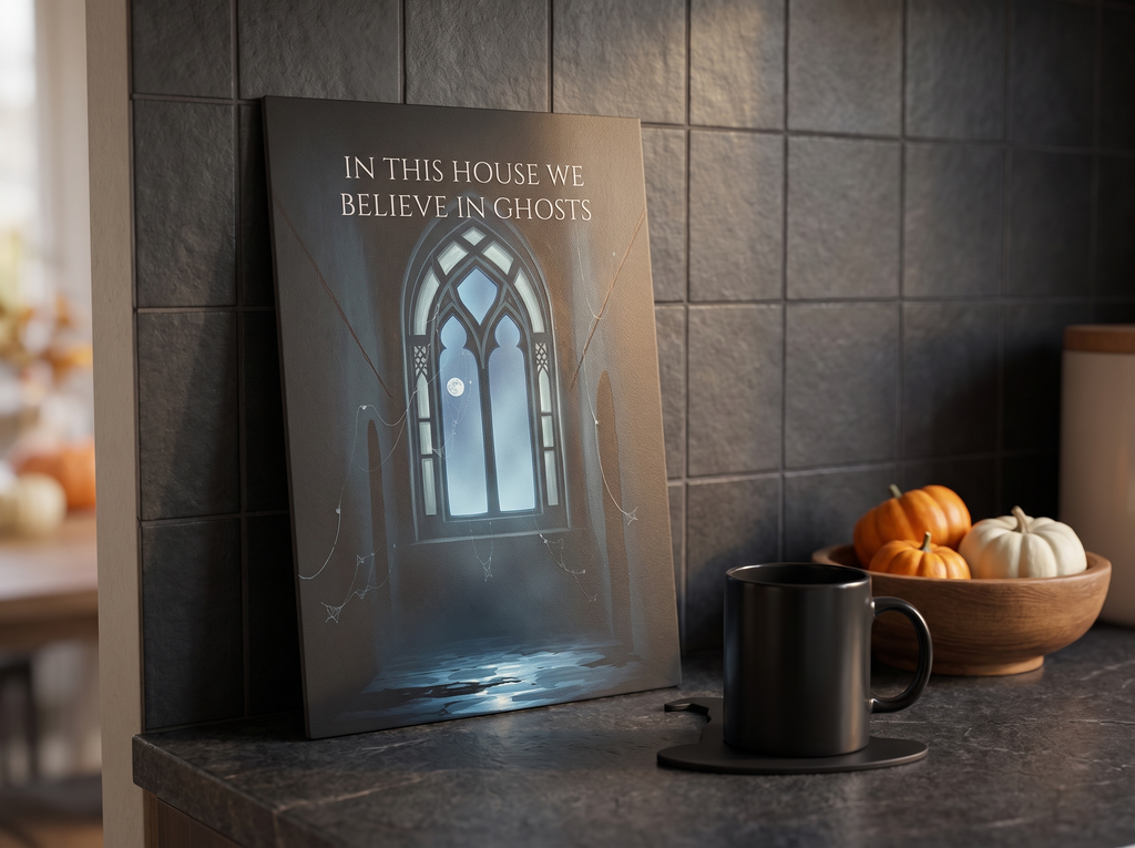 Echtes Produktfoto des Designs 4 – „In This House We Believe In Ghosts“ als Acrylglas-Wandbild an der Wand, UV-Druck mit Relief-Textur