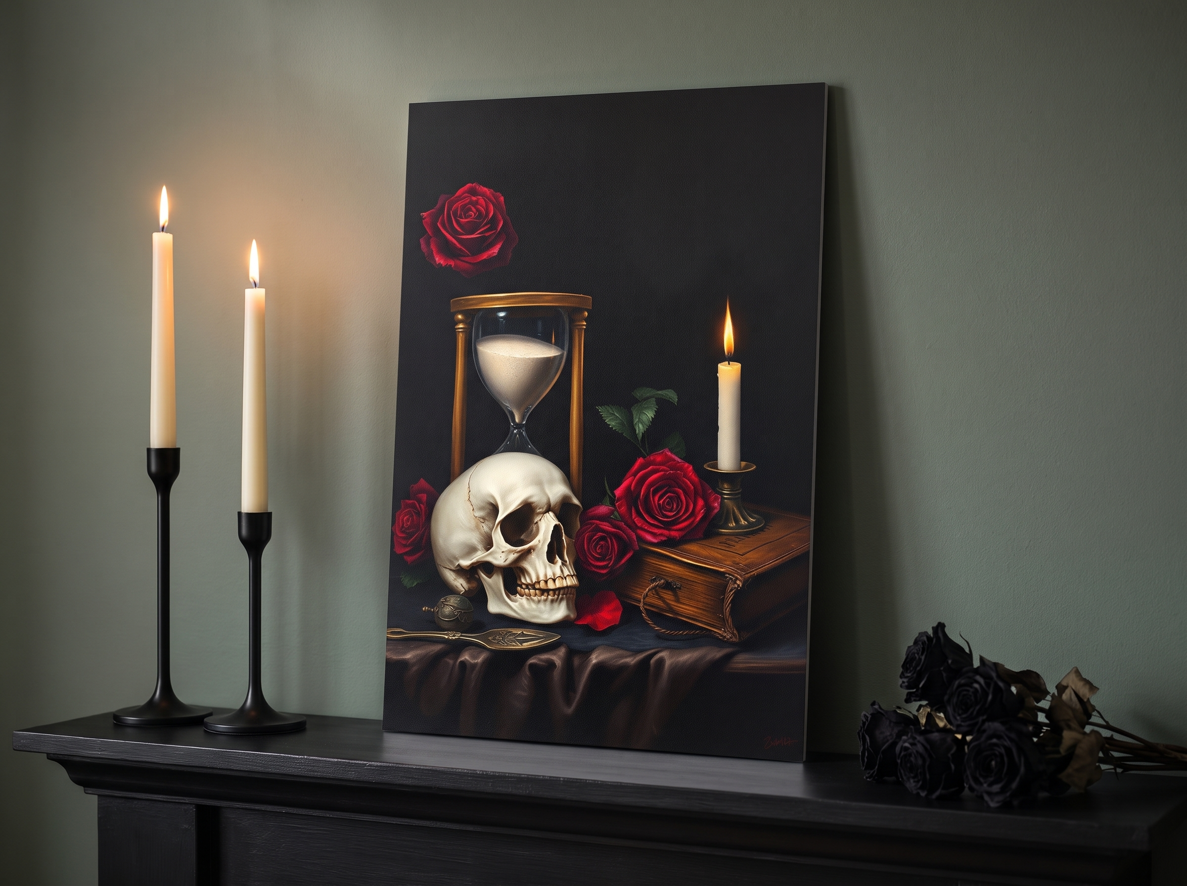 Echtes Produktfoto des Designs 2 – Vanitas-Stillleben mit Totenkopf als Acrylglas-Wandbild an der Wand, UV-Druck mit Relief-Textur