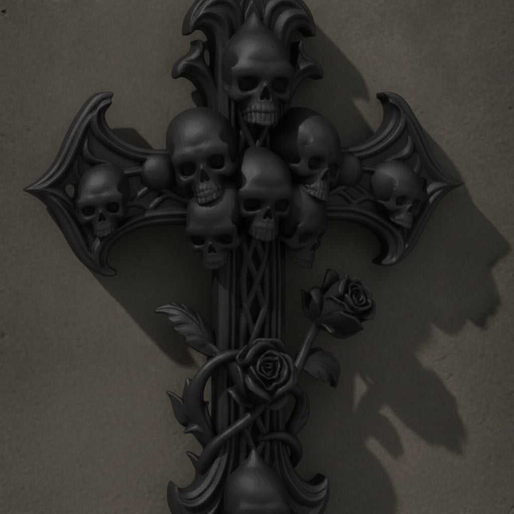 Nahaufnahme des Totenkopf-Clusters und der Rosenranke am Gothic-Wandkreuz