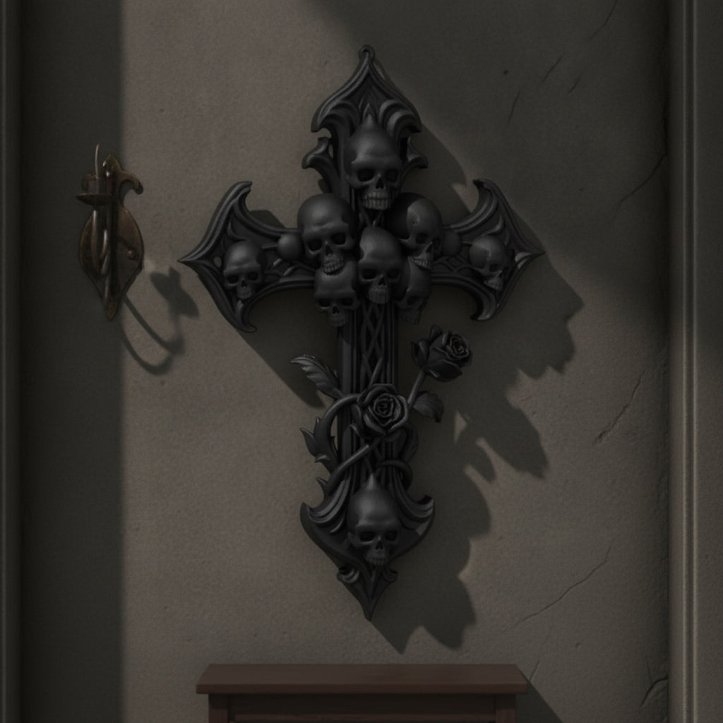 Gothic-Wandkreuz in Dreiviertel-Ansicht neben einer brennenden Wandfackel auf einem alten Buch