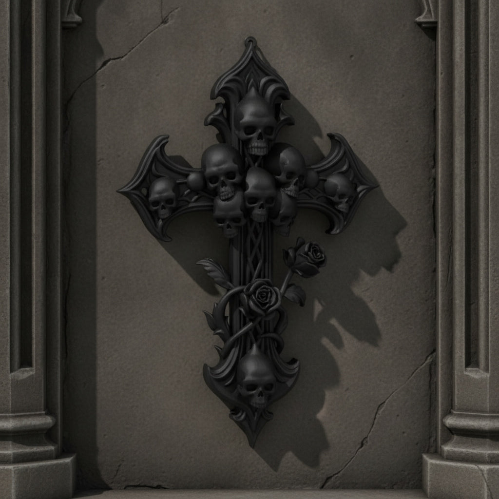 Schwarzes Gothic-Wandkreuz mit Totenkopf-Cluster und Rosenranke, an einer Steinwand in einer Nische aufgehängt