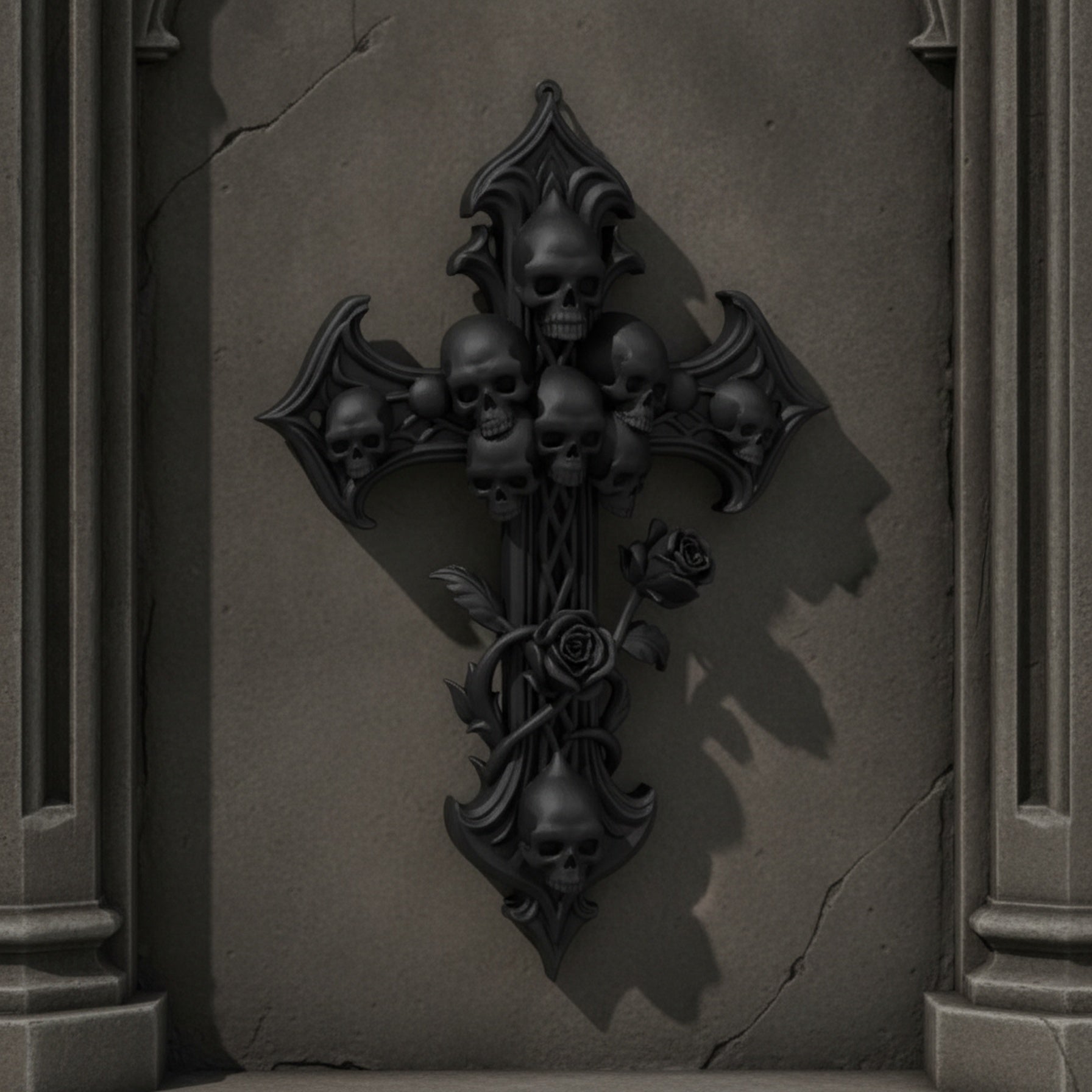Schwarzes Gothic-Wandkreuz mit Totenkopf-Cluster und Rosenranke, an einer Steinwand in einer Nische aufgehängt