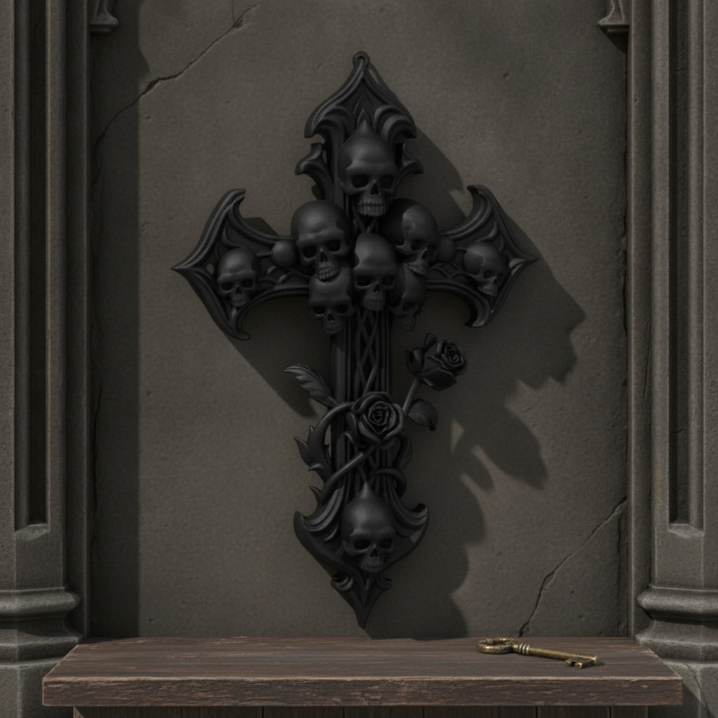 Weitwinkelansicht des Gothic-Wandkreuzes in einer Steinnische über einem Holzbord