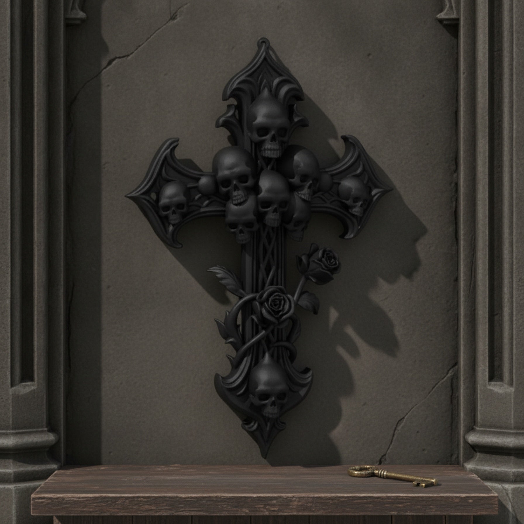 Weitwinkelansicht des Gothic-Wandkreuzes in einer Steinnische über einem Holzbord