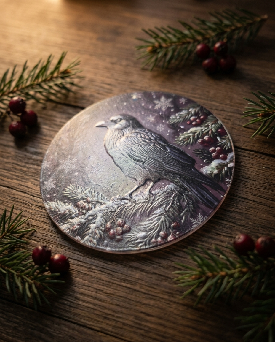 Foto der Gothic-Weihnachts-Acrylscheibe mit Design Rabe im Tannenzweig, echter Testdruck mit Relief-Textur, liegend auf Holzuntergrund mit Tannenzweigen und Beeren