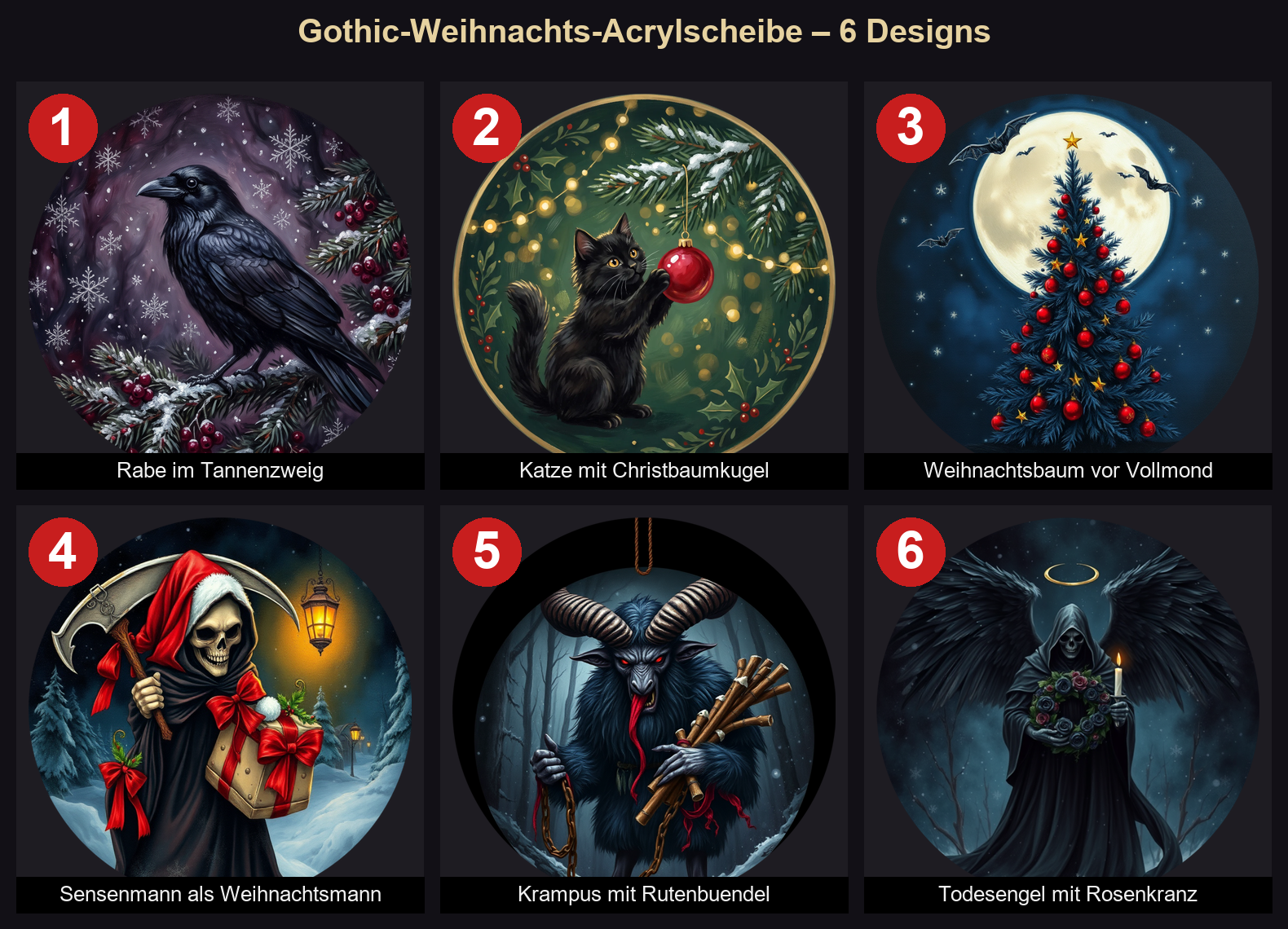 Uebersicht der 6 echten Design-Motive fuer die Gothic-Weihnachts-Acrylscheibe, nummeriert 1 bis 6