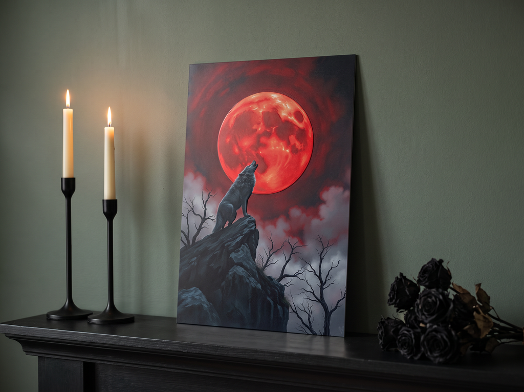 Echtes Produktfoto des Designs 7 – Wolf vor dem Blutmond als Acrylglas-Wandbild an der Wand, UV-Druck mit Relief-Textur