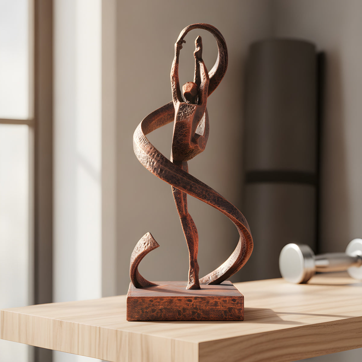 Gymnastik-Statue in Kupfer-Bronze-Optik auf hellem Holzregal im Home-Gym, Frontalansicht mit erhobenen Armen und Bandwirbel, unscharfer Hintergrund mit Yogamatte und Kurzhantel im warmen Tageslicht – Münch3D