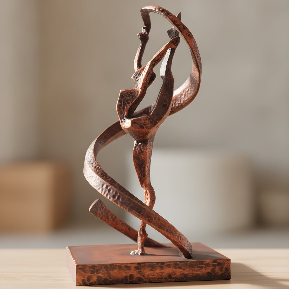 Detailansicht des Bandwirbels der Gymnastik-Statue in Kupfer-Bronze-Optik auf Holzoberfläche, weich unscharfer warmer Hintergrund – Münch3D