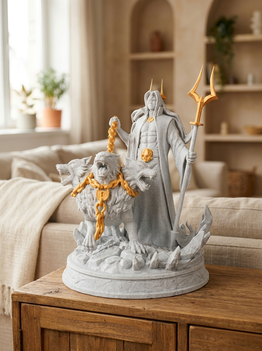 Hades-Statue mit dreiköpfigem Cerberus an goldener Kette, Frontalansicht aus leicht anderem Blickwinkel, auf Holzkommode mit Fensternische und Pflanzen im Hintergrund