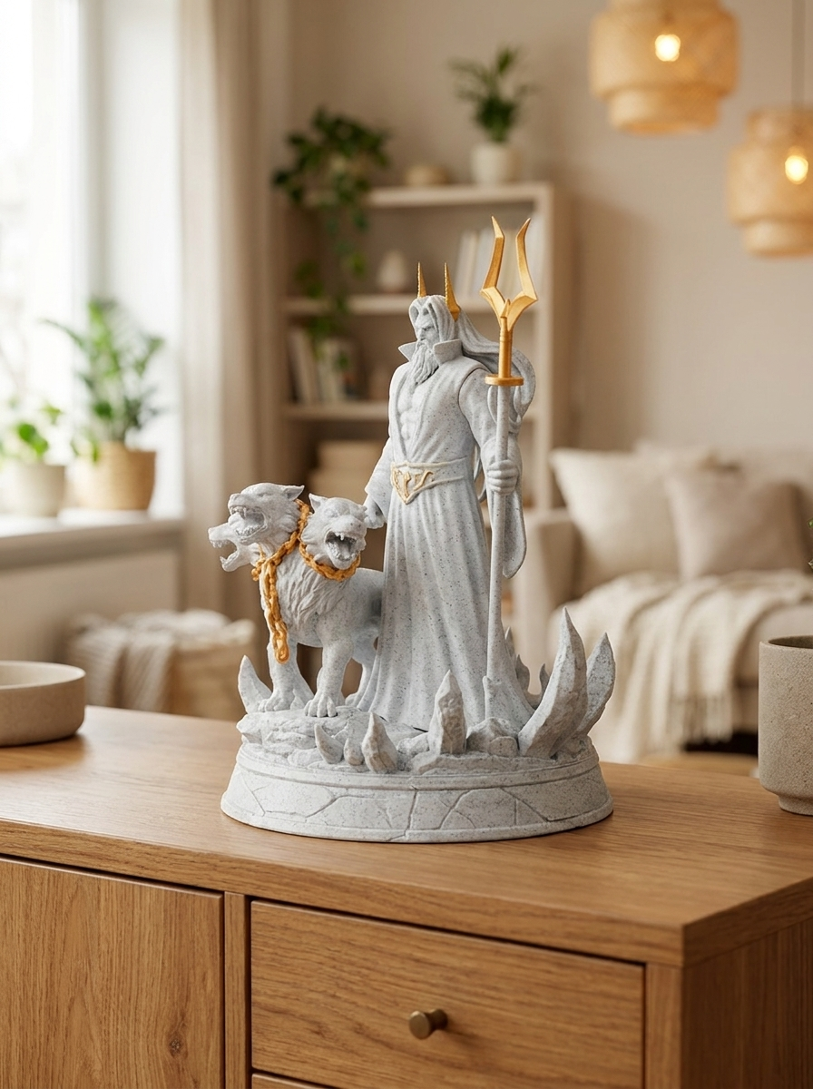 Hades-Statue mit zweizackigem Zepter, zwei der drei Cerberus-Köpfe aus diesem Winkel sichtbar, auf Holzkommode mit Bücherregal und Hängeleuchten im Hintergrund