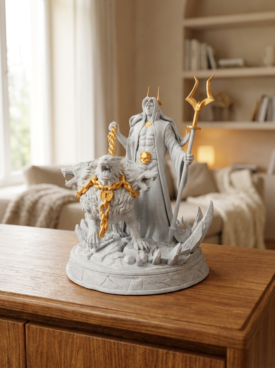 Hades-Statue Frontalansicht mit zweizackigem Zepter und dreiköpfigem Cerberus an goldener Kette, auf Felssockel mit Kristallzacken, auf Holzkommode mit Bücherregal im Hintergrund