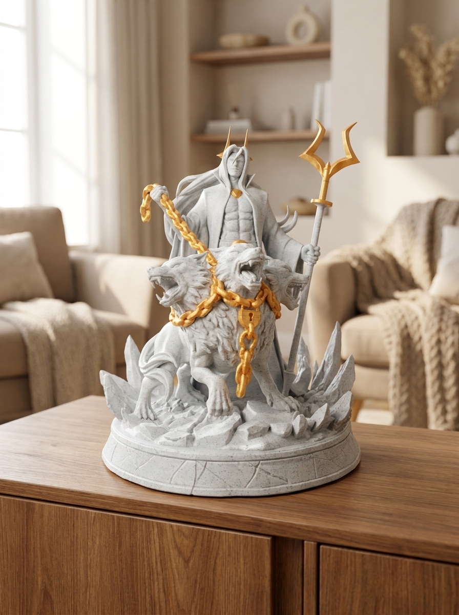 Hades-Statue Gesamtansicht mit zweizackigem Zepter und Cerberus, auf Holzkommode zwischen zwei Sesseln mit Kuscheldecken