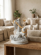 Hades-Statue seitliche Ansicht: Zepter wirkt aus diesem Blickwinkel dreizackig (abweichend von den anderen Fotos mit Zweizack), nur ein Cerberus-Kopf aus diesem Winkel erkennbar, auf Holzkonsole mit Sofa und Vasen im Hintergrund