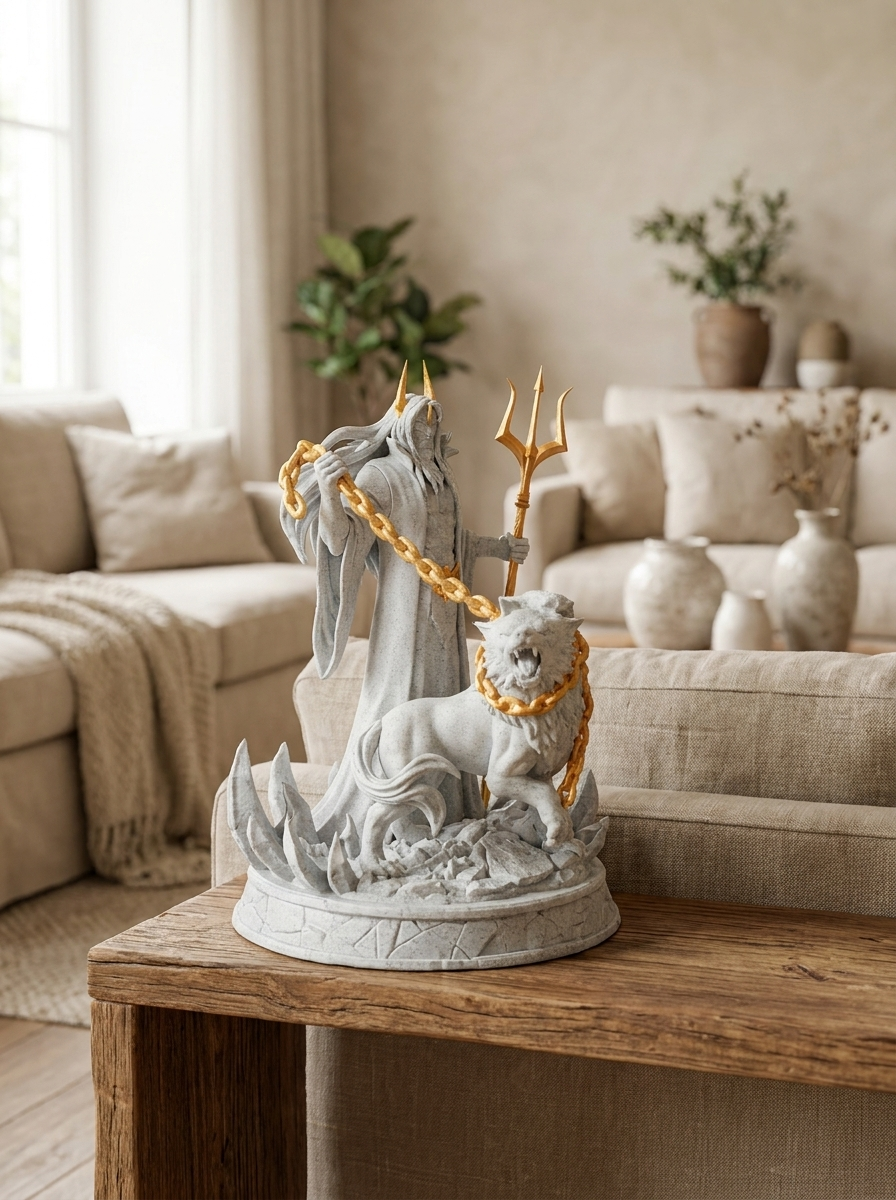 Hades-Statue seitliche Ansicht: Zepter wirkt aus diesem Blickwinkel dreizackig (abweichend von den anderen Fotos mit Zweizack), nur ein Cerberus-Kopf aus diesem Winkel erkennbar, auf Holzkonsole mit Sofa und Vasen im Hintergrund