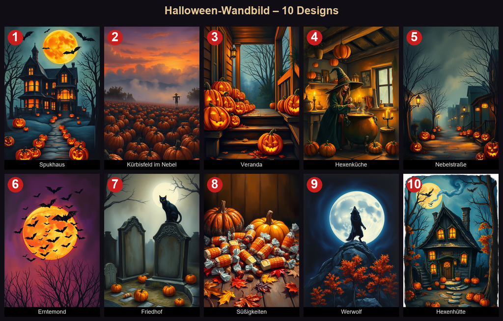 Uebersicht aller 10 Design-Motive fuer Halloween-Wandbild aus Acrylglas mit Relief-Textur, 10 Designs, nummeriert 1 bis 10