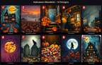 Uebersicht aller 10 Design-Motive fuer Halloween-Wandbild aus Acrylglas mit Relief-Textur, 10 Designs, nummeriert 1 bis 10