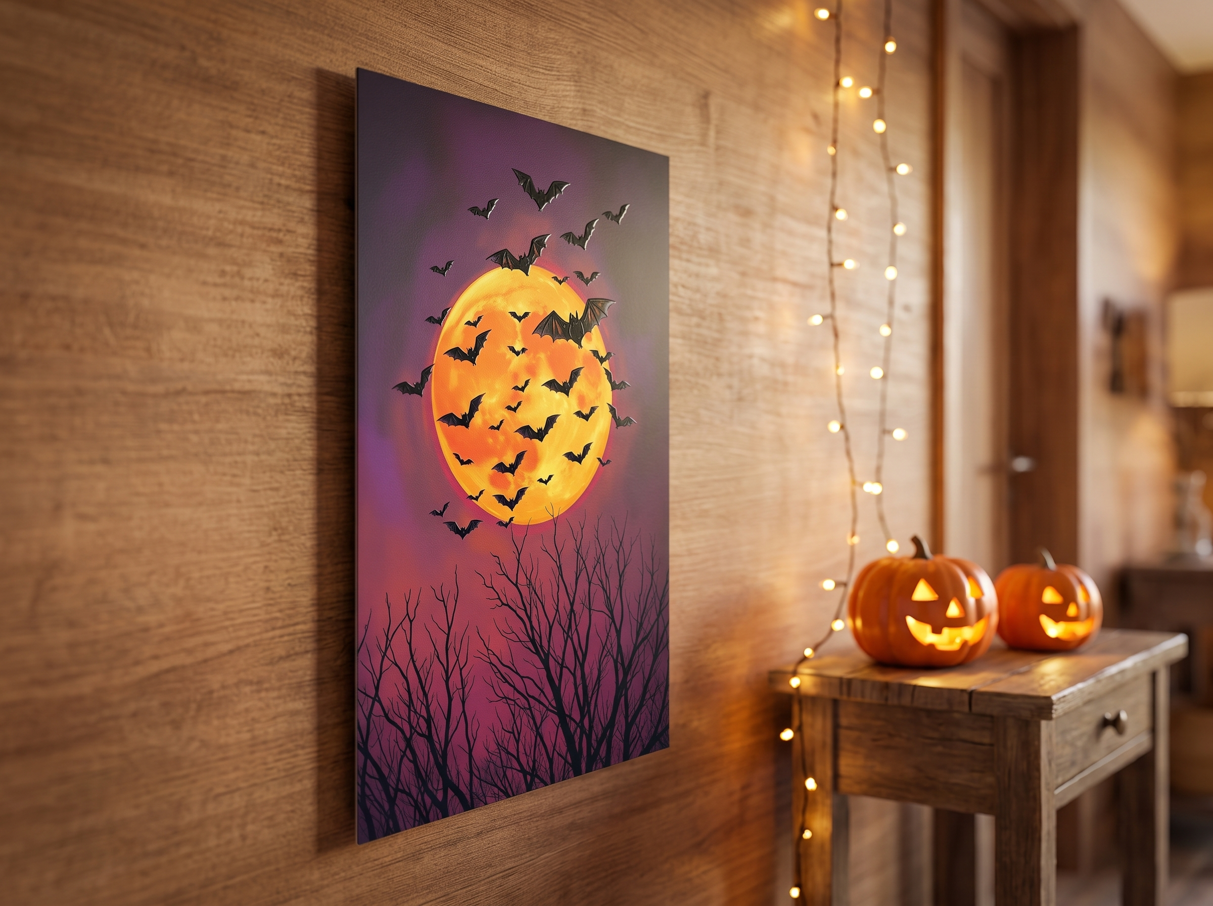 Echtes Produktfoto des Designs 6 – Fledermäuse vor dem Erntemond als Acrylglas-Wandbild an der Wand, UV-Druck mit Relief-Textur