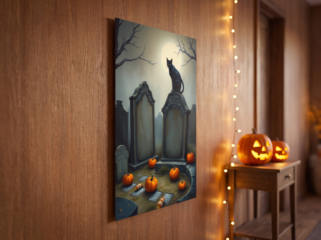 Echtes Produktfoto des Designs 7 – Friedhof mit schwarzer Katze als Acrylglas-Wandbild an der Wand, UV-Druck mit Relief-Textur