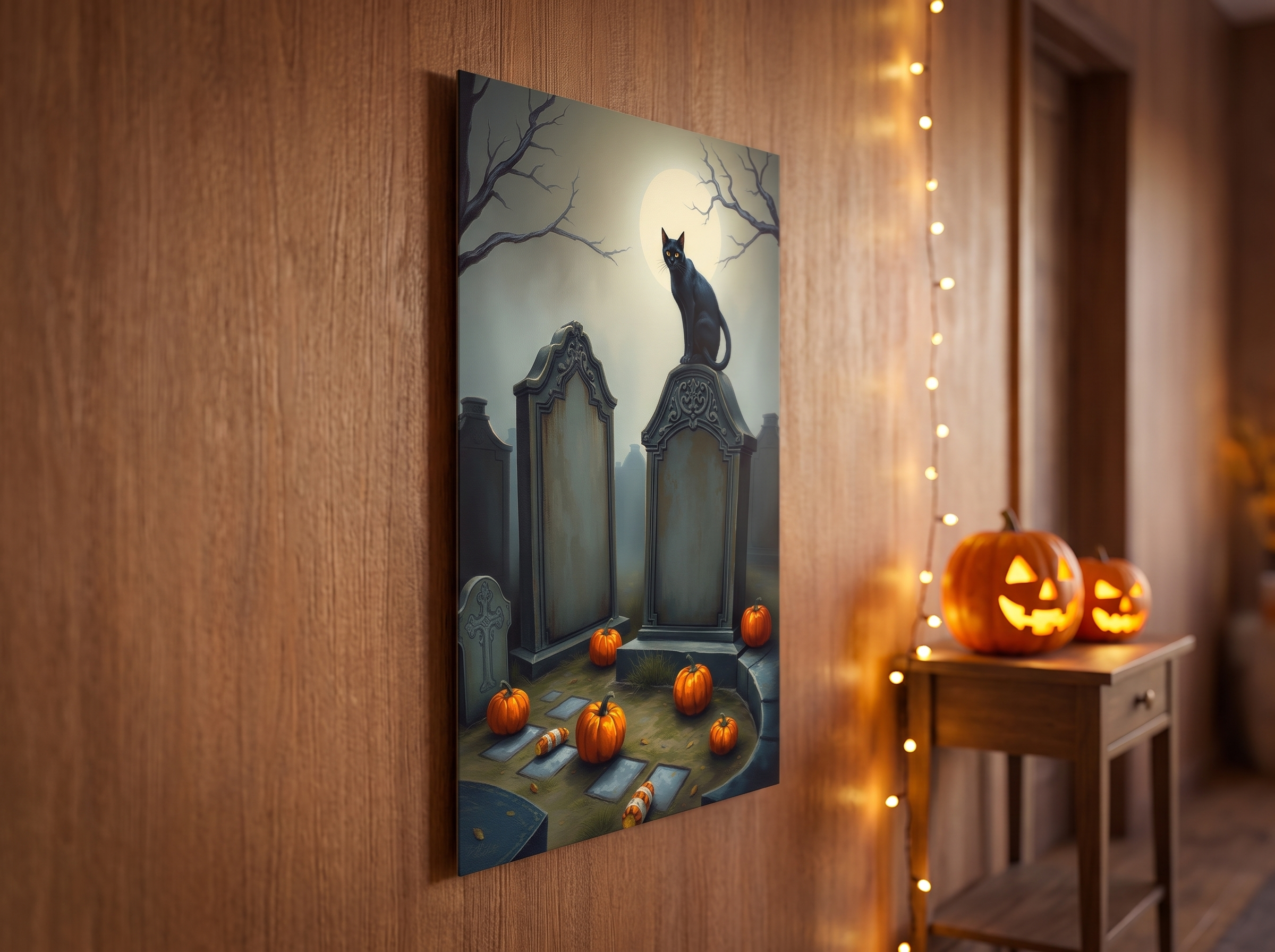 Echtes Produktfoto des Designs 7 – Friedhof mit schwarzer Katze als Acrylglas-Wandbild an der Wand, UV-Druck mit Relief-Textur