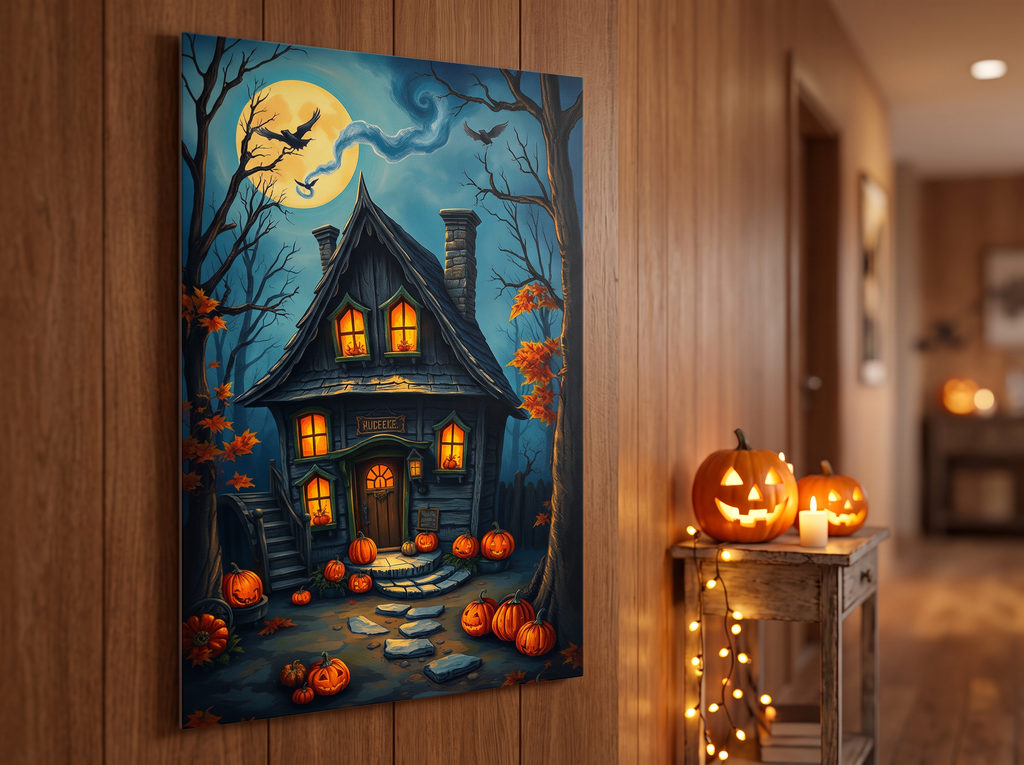 Echtes Produktfoto des Designs 10 – Hexenhütte im Wald als Acrylglas-Wandbild an der Wand, UV-Druck mit Relief-Textur