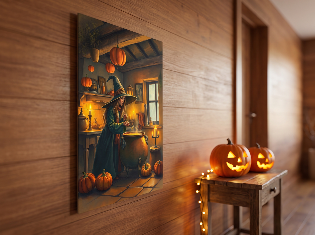 Echtes Produktfoto des Designs 4 – Hexe am Kessel in der Küche als Acrylglas-Wandbild an der Wand, UV-Druck mit Relief-Textur