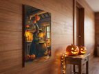 Echtes Produktfoto des Designs 4 – Hexe am Kessel in der Küche als Acrylglas-Wandbild an der Wand, UV-Druck mit Relief-Textur