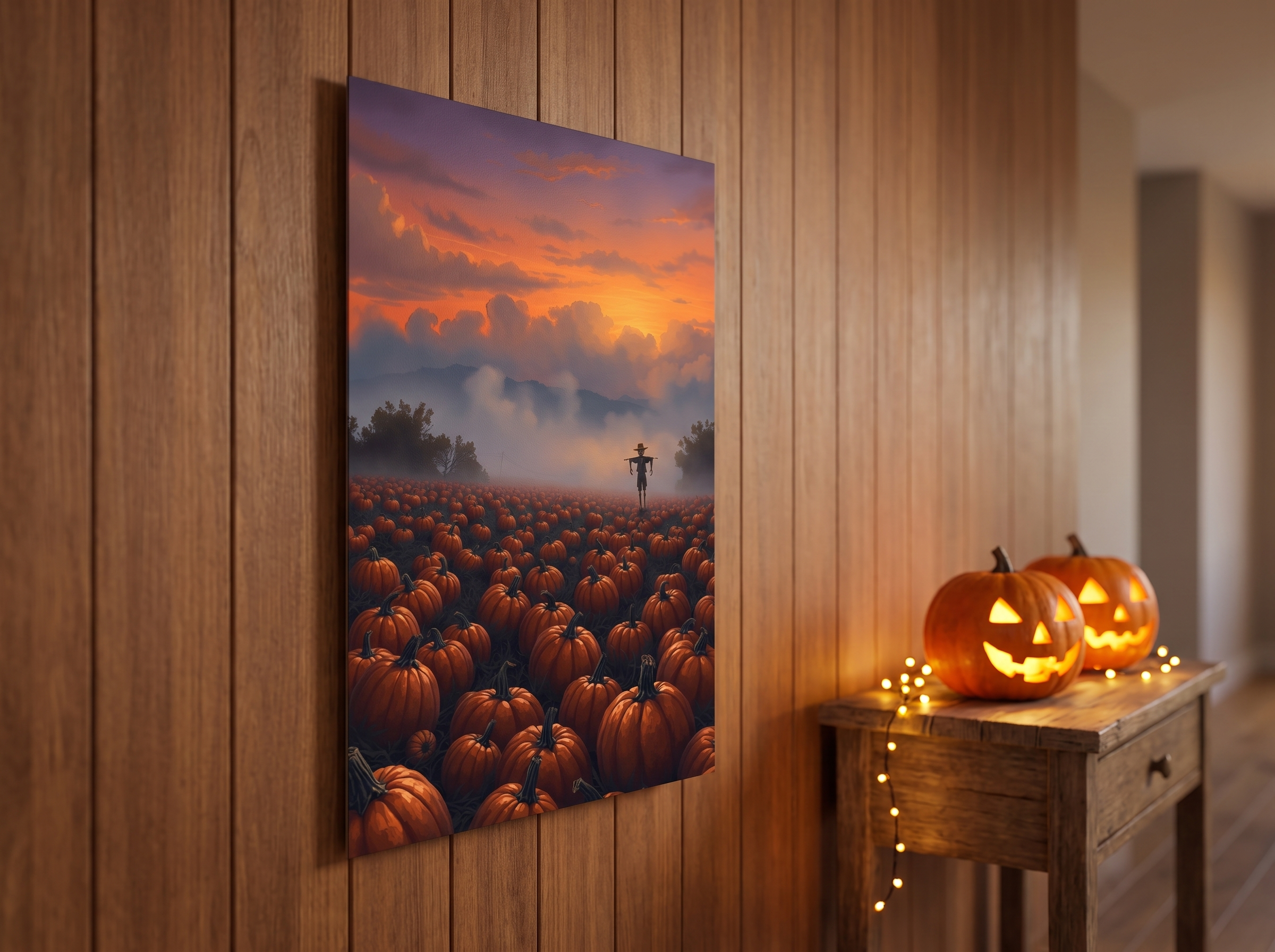 Echtes Produktfoto des Designs 2 – Kürbisfeld im Nebel als Acrylglas-Wandbild an der Wand, UV-Druck mit Relief-Textur