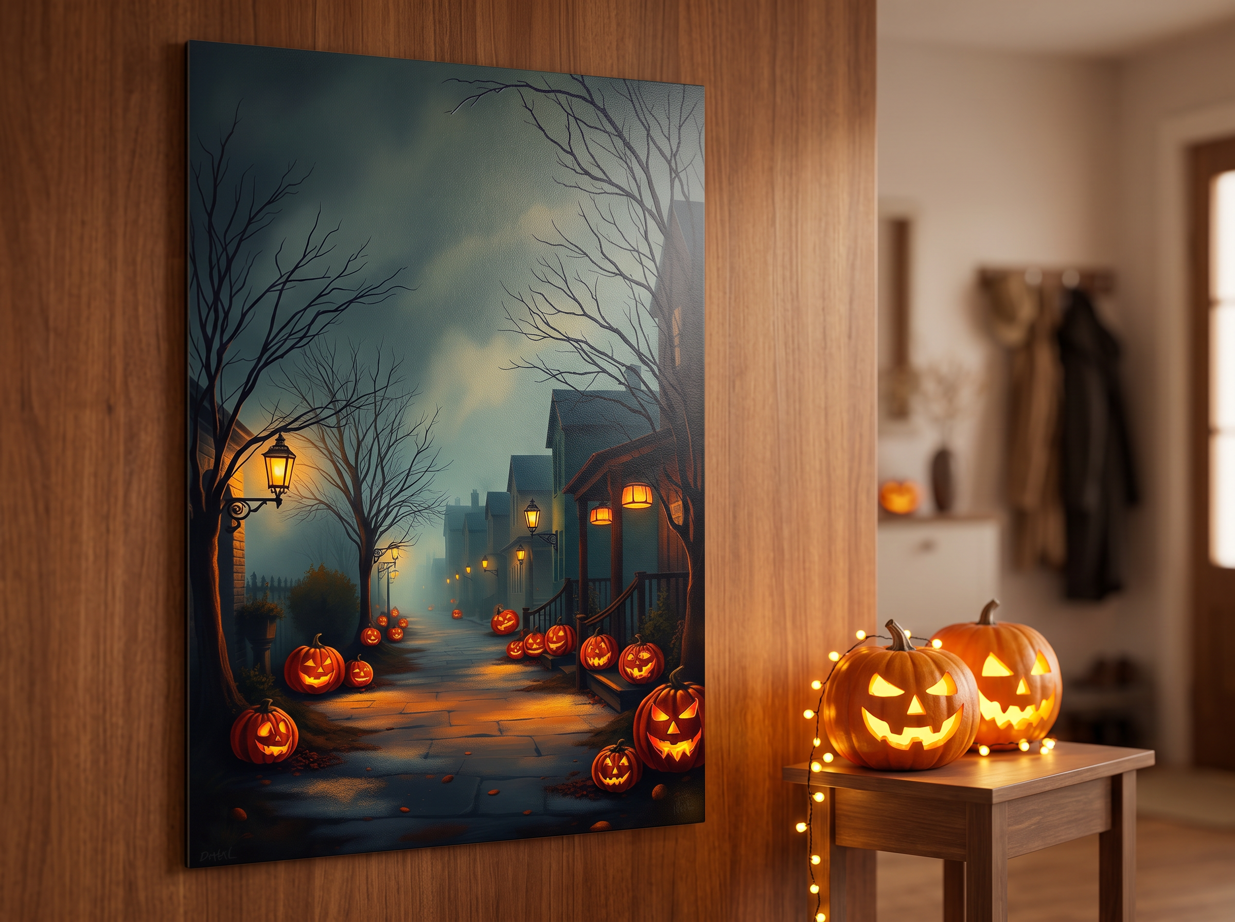 Echtes Produktfoto des Designs 5 – Nebelstraße mit Laternen als Acrylglas-Wandbild an der Wand, UV-Druck mit Relief-Textur