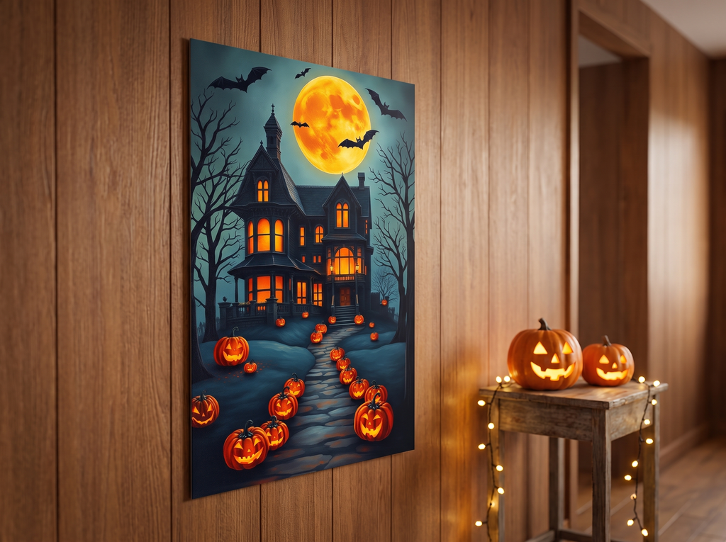 Echtes Produktfoto des Designs 1 – Spukhaus mit Kürbisweg als Acrylglas-Wandbild an der Wand, UV-Druck mit Relief-Textur
