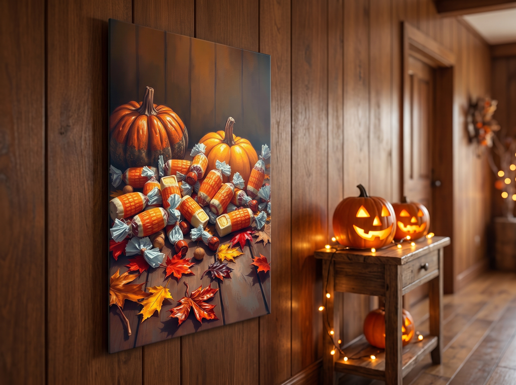 Echtes Produktfoto des Designs 8 – Süßigkeiten im Herbstlaub als Acrylglas-Wandbild an der Wand, UV-Druck mit Relief-Textur